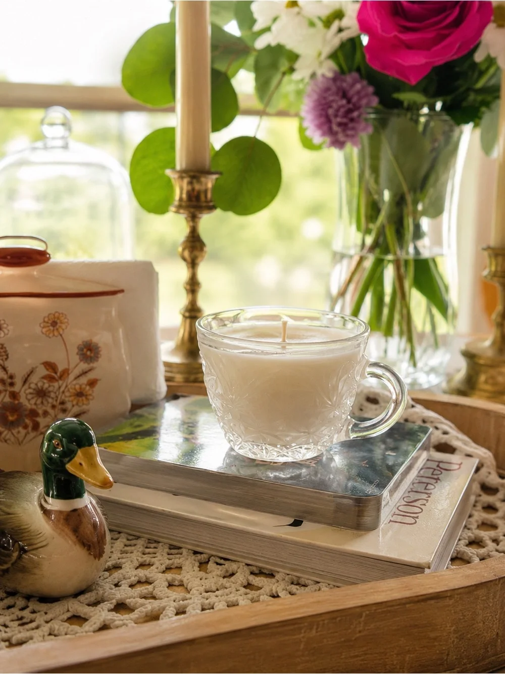 🍎🍂 Vintage Glass Teacup Candle Trio: Caramel Apple Autumn Spice